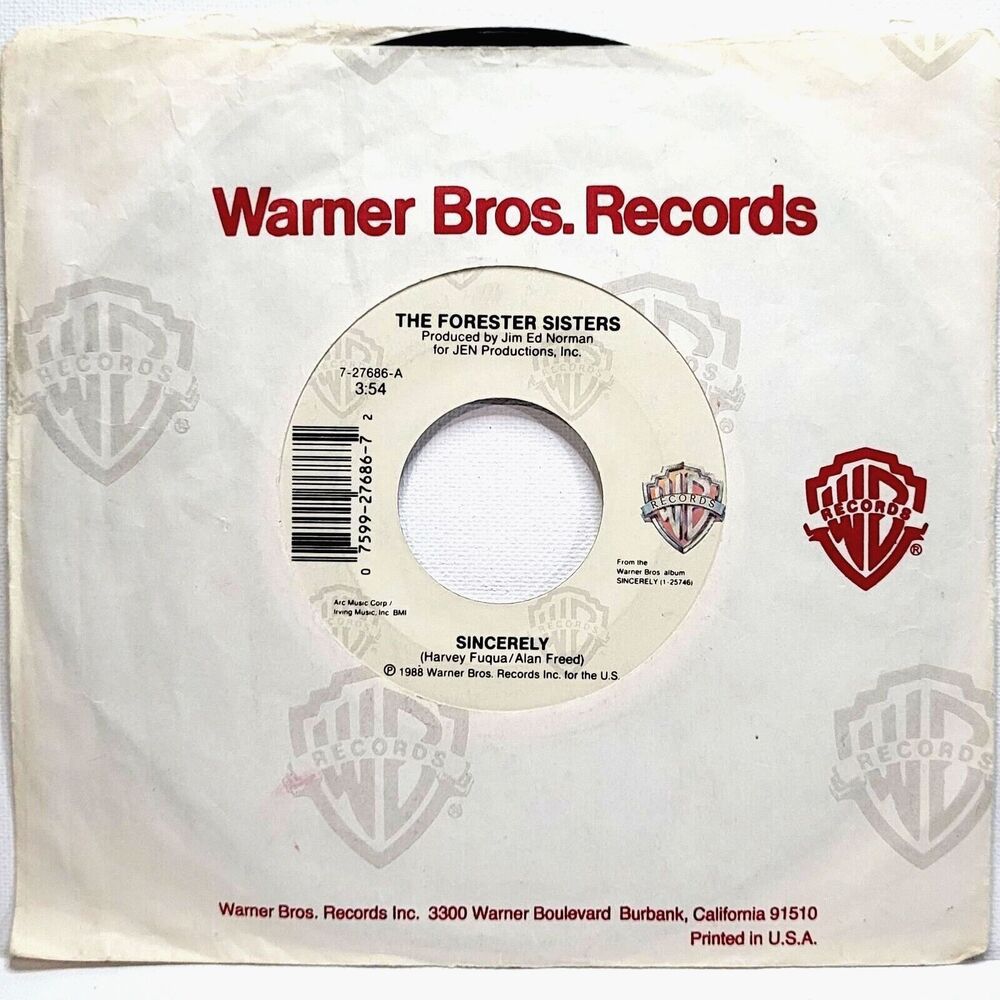 The Forester Sisters 45 RPM “Sincerely / On The Other Side Of The Gate" 1988